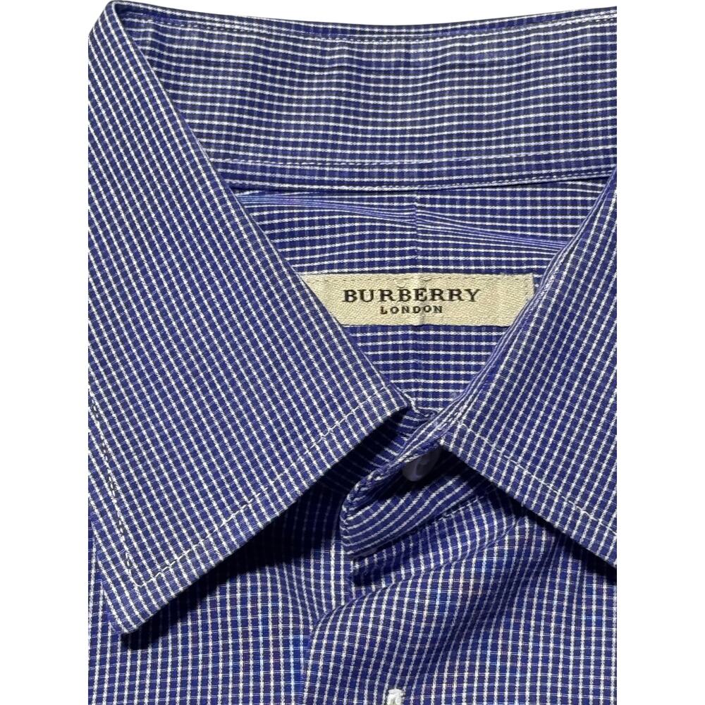 Burberry London Button-Up Dress Shirt Men's 15 Blue White Micro-Check Curved Hem - Picture 9 of 14